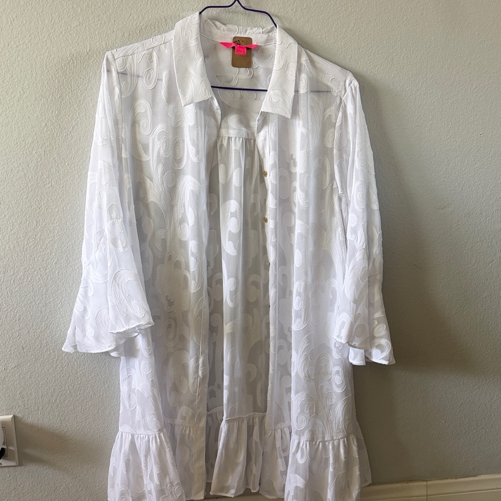 Lilly Pulitzer White Embroidered Ruffle-Hem Long Sleeve Dress